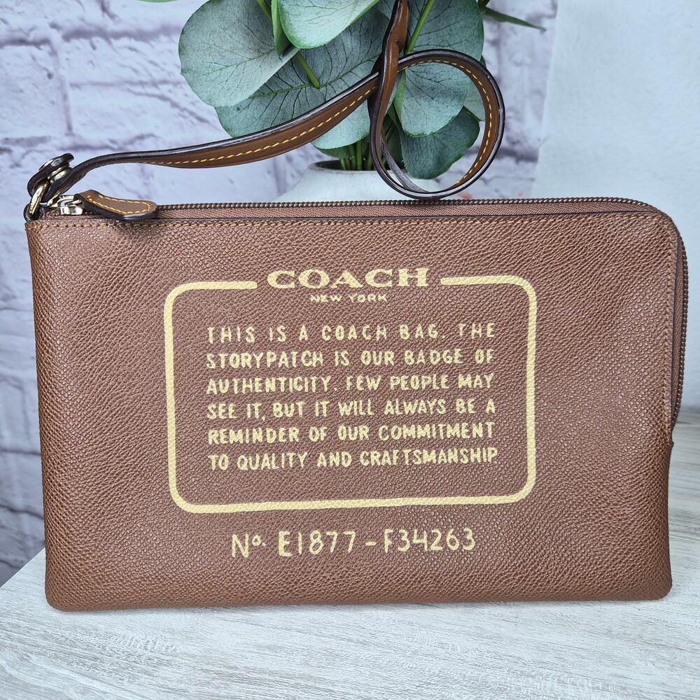 COACH F34263 Large Storypatch Creed Wristlet Pouch Saddle Tan Brown Zip Clutch